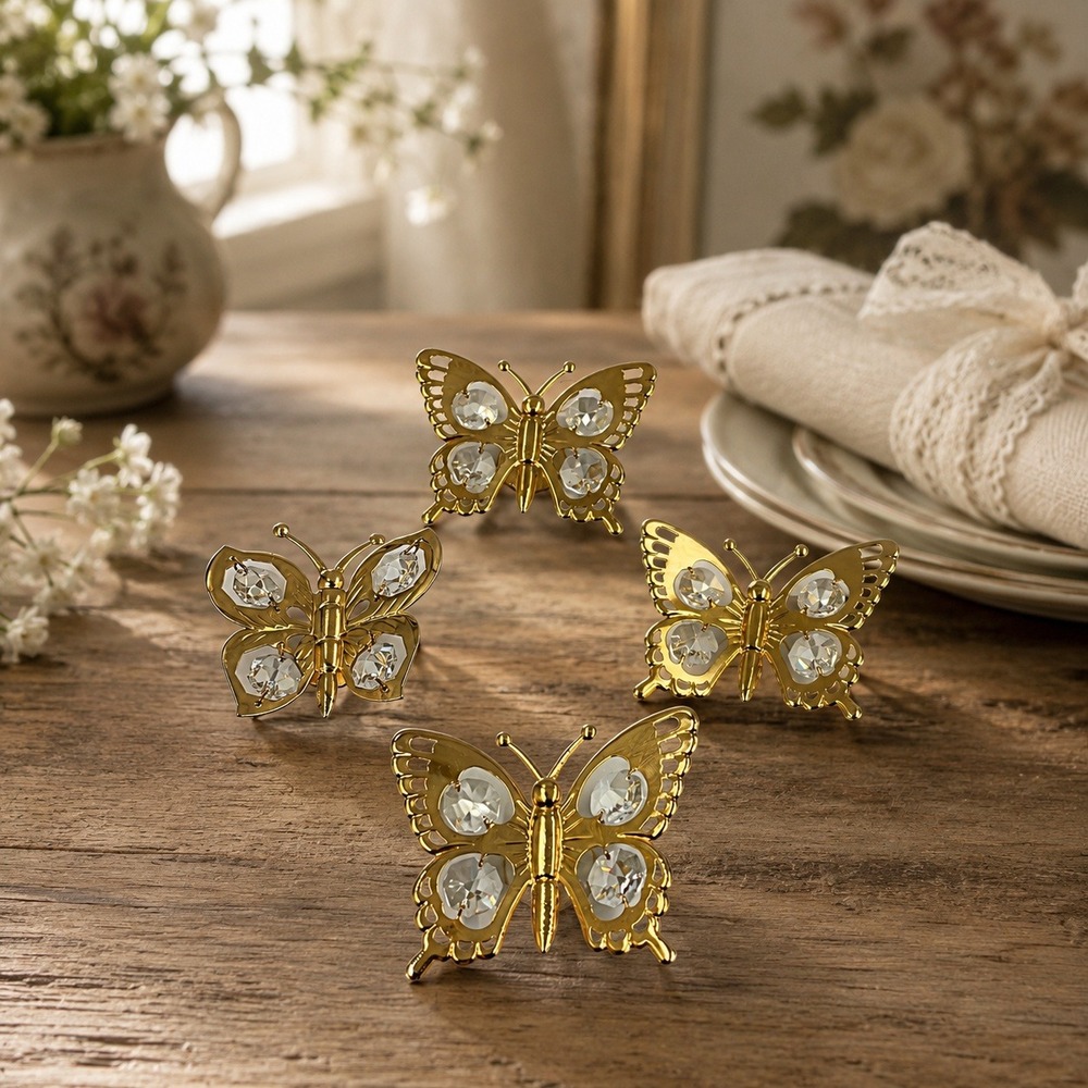 Vintage Mascot 1993 Gold Butterfly Napkin Rings Set of 4 Crystal Accents